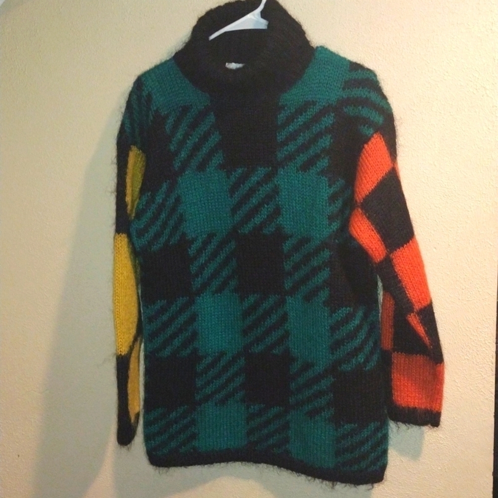 Vintage Abstract Colorful Mohair Blend Plaid Color block Knit OversizedSweater S